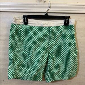 J.Crew Men's Swim Trunks in a green and white geometric print.